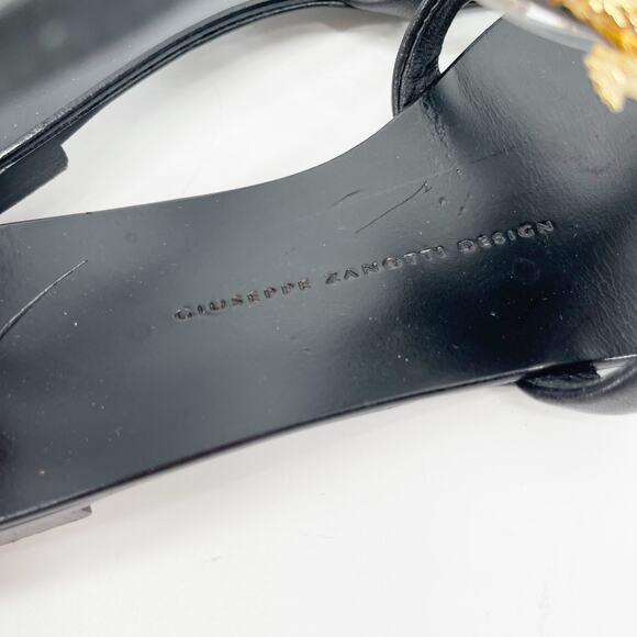 Giuseppe Zanotti Black Leather Gold Crocodile Embellished Flat Sandals IT 37.5 - Picture 11 of 13